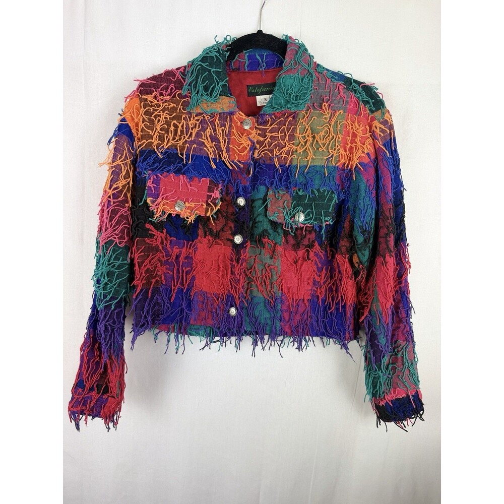 Estefanie's Rainbow Shag Fringe Button Up Jacket Small Vintage
